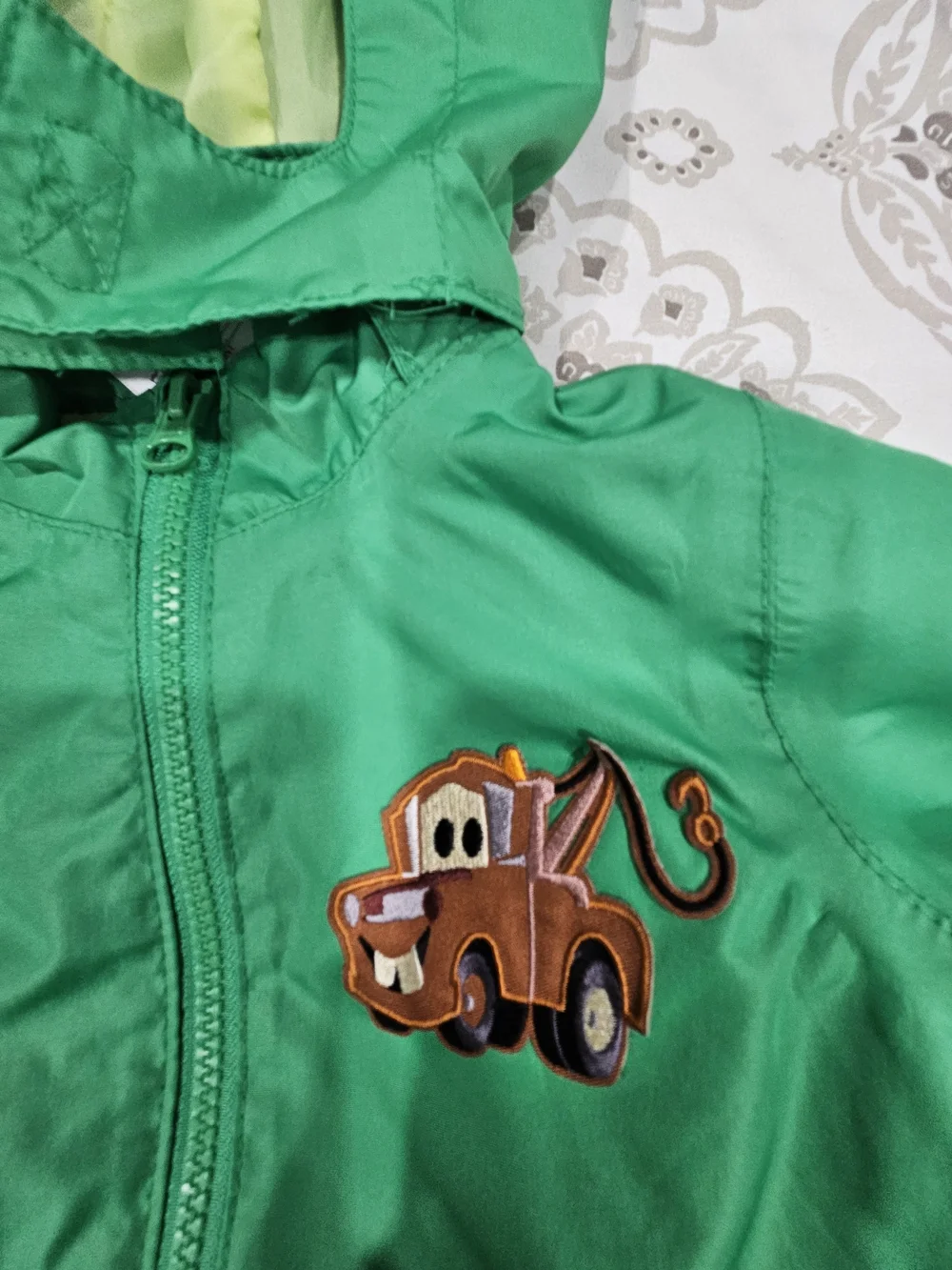 Kids Hooded Rain Jacket with Tow Truck Patch - Green